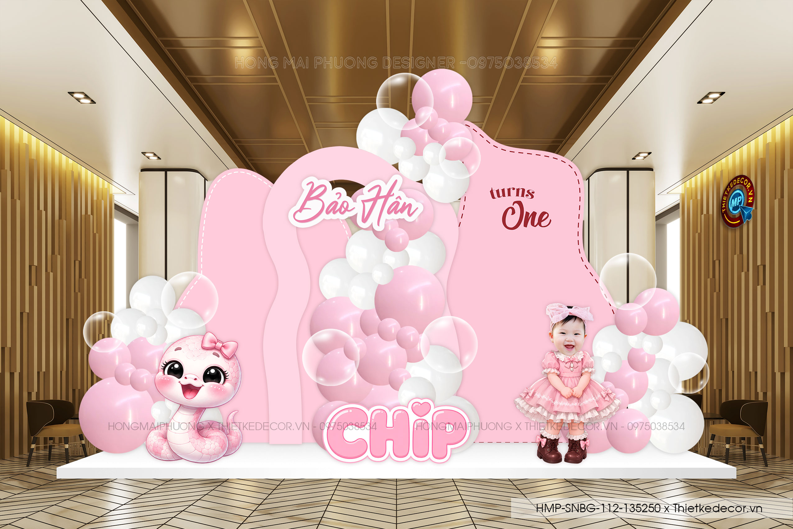 File thiết kế decor trang trí tiệc sinh nhật bé gái tuổi tỵ - rắn , bong bóng cute dễ thương đáng yêu tone hồng